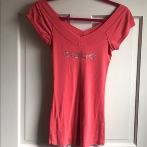 SMALL pink BEBE stud off the shoulder top